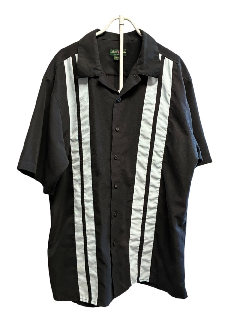 Vintage David Taylor Mens Button Up Short Sleeve Shirt Black Blue Stripe Size L